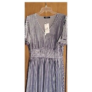 NEW Blue V Neck Ribbed VELVET DRESS Stretchy Waist Short Sleeves Long Large